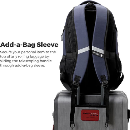 Swissdigital Design Laptop Backpack with USB Charging Port, TSA Travel Backpack Fits 15.6 inches Computer, 31L College School Backpack for Men, Blue/Black | SD803