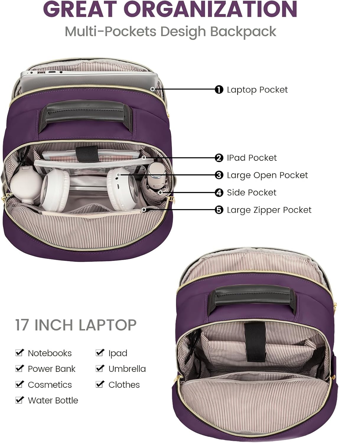 LOVEVOOK Laptop Backpack for Women, Travel Computer Work Bags with 17-inch Laptop Compartment, College School Student Bag Teen Backpacks For Girls, Outdoor Carry On Backpack Purse, Deep Plum