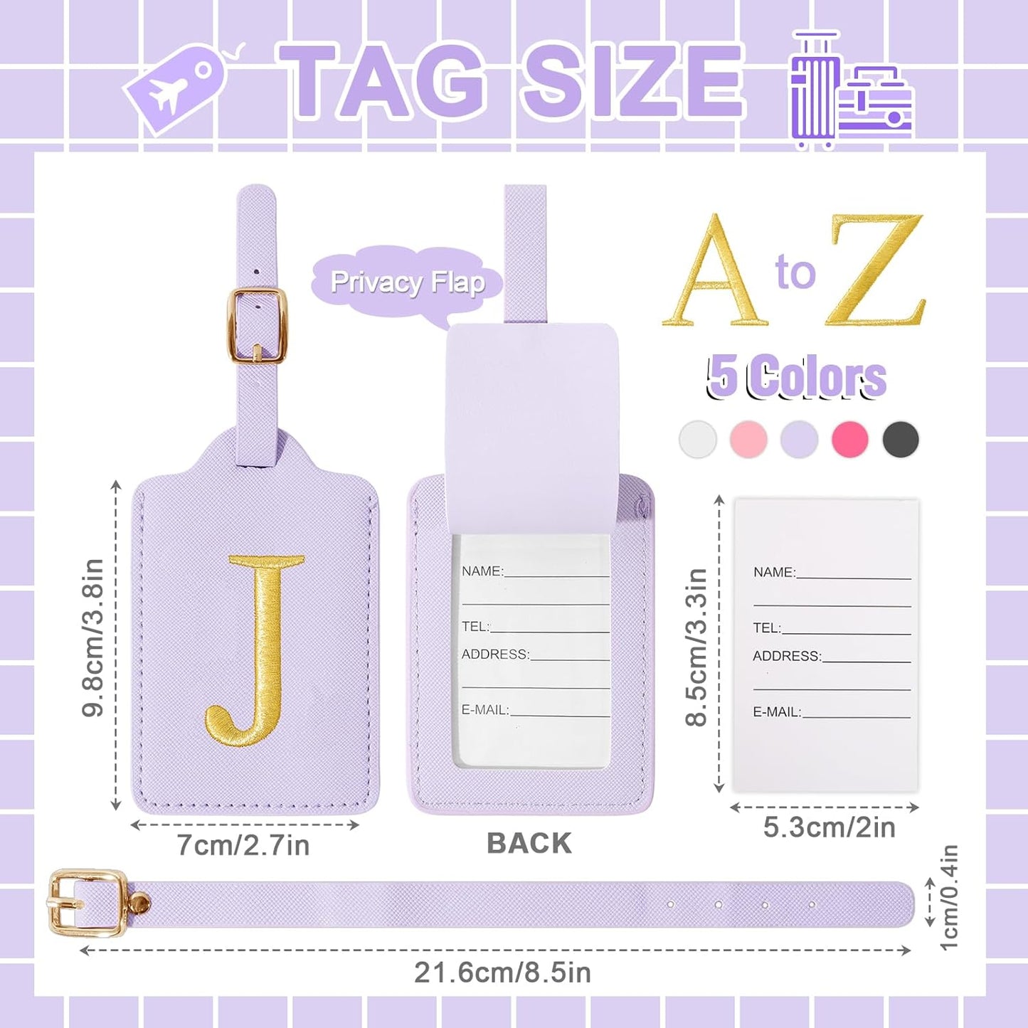 Personalized Initial Luggage Tags for Suitcase, Purple Leather Cute Luggage Tags with Privacy Cover Name Card, Embroidered Custom Monogrammed Luggage Tag Travel Backpack Tags Gifts for Women Kids(J)