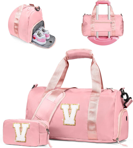Valentines Day Gifts for Her-Girl Gym Bag with Shoe Compartment, Kid Personalized Weekender Overnight Bags, Initial Travel Tote with Makeup Pouch, Girls Kids Easter Gift (Letter V)