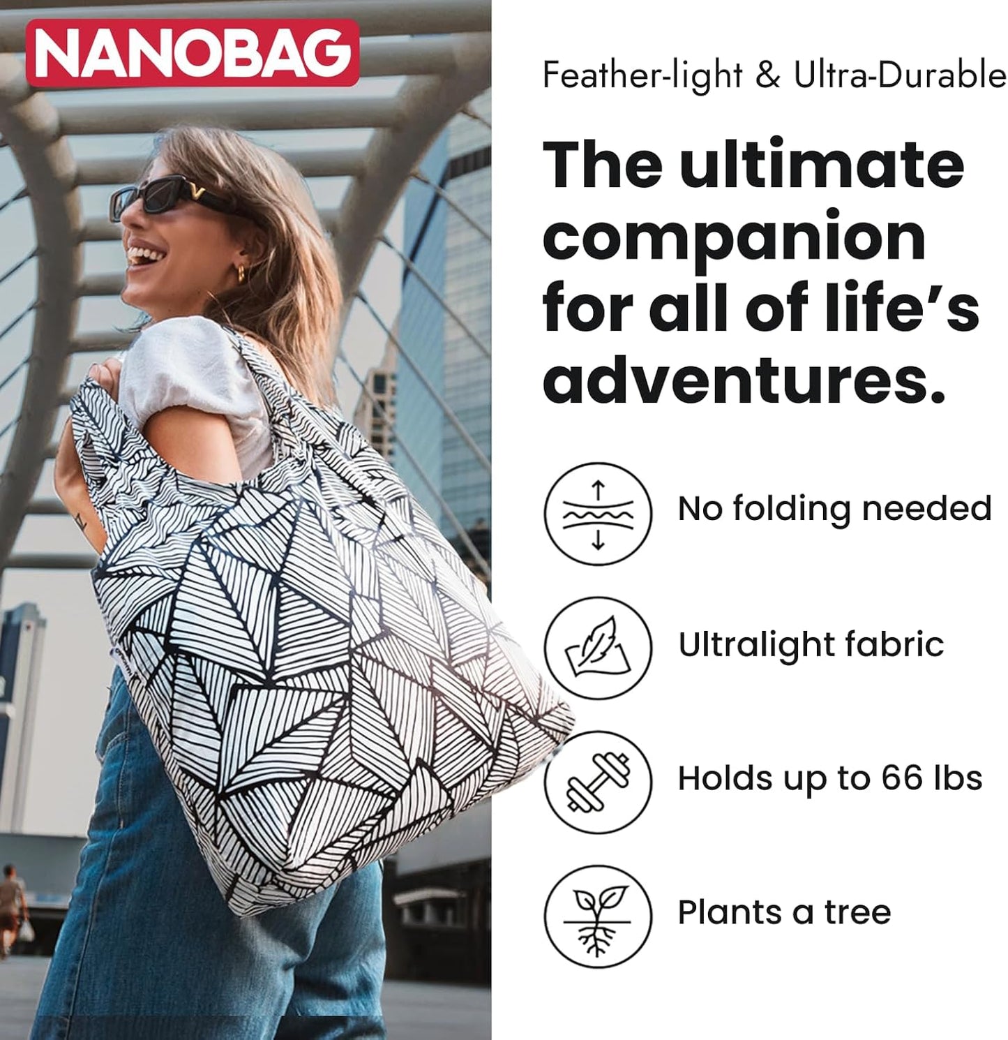 Nanobag Ultra-Lightweight Foldable Tote for Women & Men, Reusable Grocery & Travel Bag, Packable Collapsible Compact Market Essential (Standard Duck)