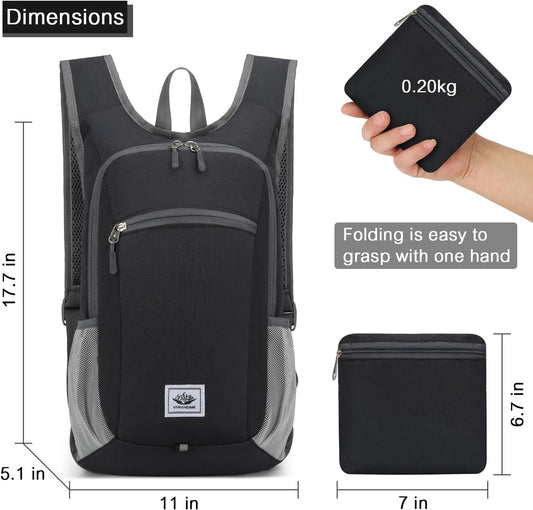 Esup 15L Lightweight Hiking Backpack Foldable Small Travel Backpack Packable Camping Backpack for Women Men (Black)