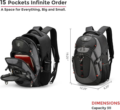 Swissdigital Design Laptop Backpack with USB Charging Port, TSA Travel Backpack Fits 15.6 inches Computer, 31L College School Backpack for Men, Black/Grey | SD803