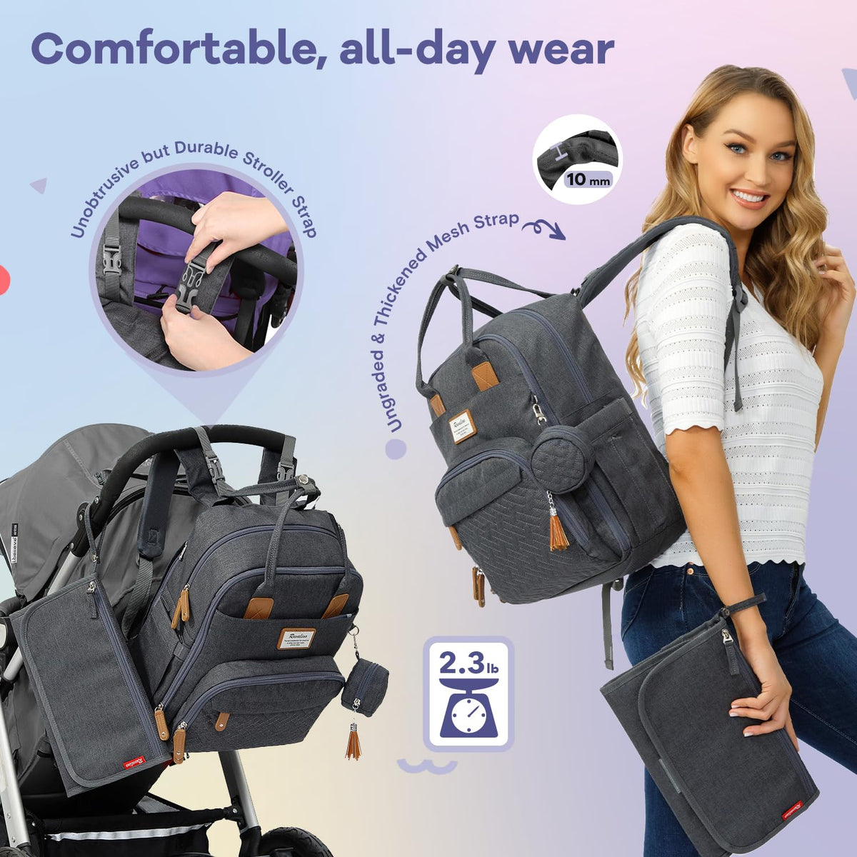 RUVALINO Diaper Bag Backpack, Multifunction Travel Pack Maternity Baby Changing Bags, Large Capacity, Waterproof, Dark Gray