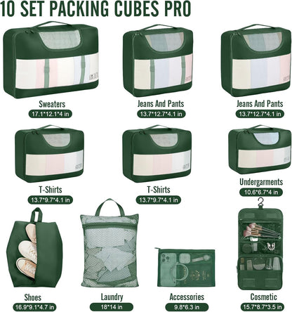 Veken 10 Set Packing Cubes for Travel Essential, Suitcase Organizer Bags in 4 Sizes, Carry-On Luggage Accessories with Large Laundry & Hanging Toiletry Bag, Must-Have for Airplane, Road Trip & Camping