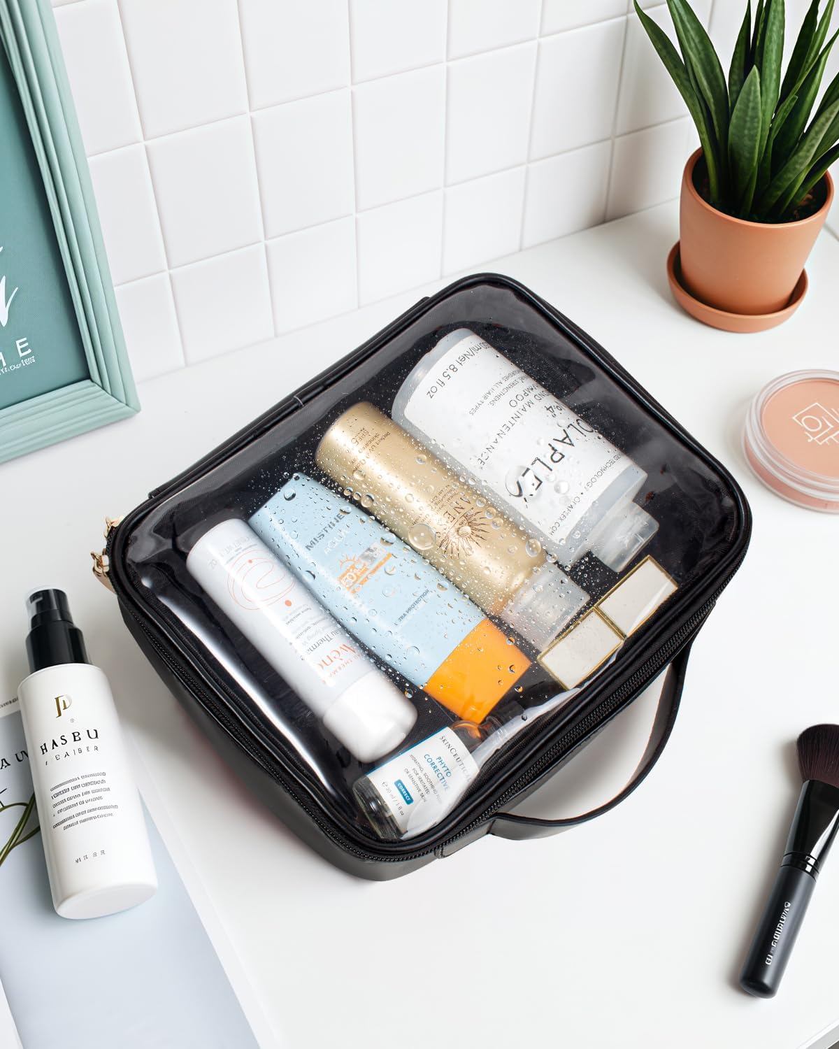 KOTORA TSA Approved Toiletry Bag with Mini Clear Makeup Bag PVC Cosmetic Bags for Women and Men, Carry on Airport Airline Compliant Bag Car Accessories for Women Her (1Handle-Black)