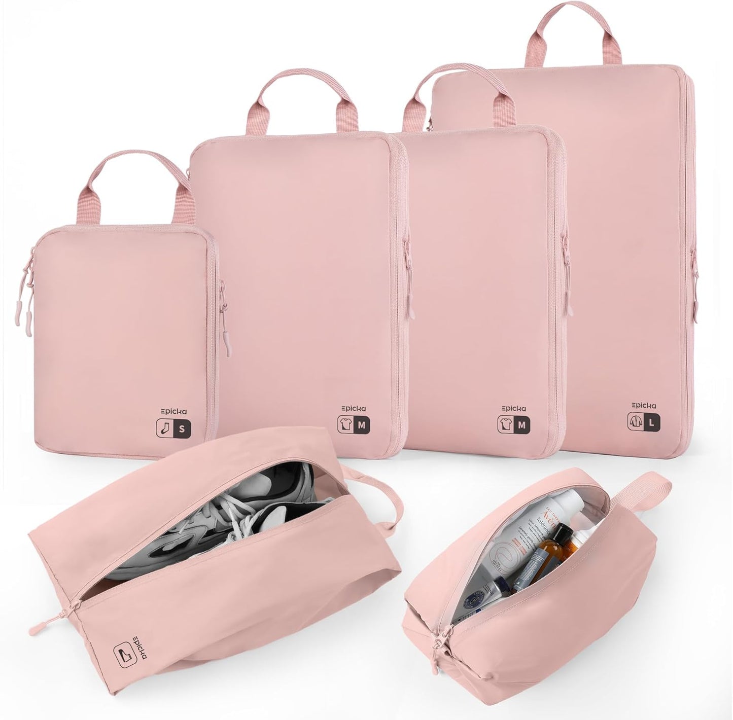 EPICKA 6 Set Ultra-Lightweight Compression Packing Cubes - Water Resistant Durable Travel Organizers with Toiletries Bag for Women, Expandable Travel Accessories for Carry on Luggage, Suitcase (Pink)