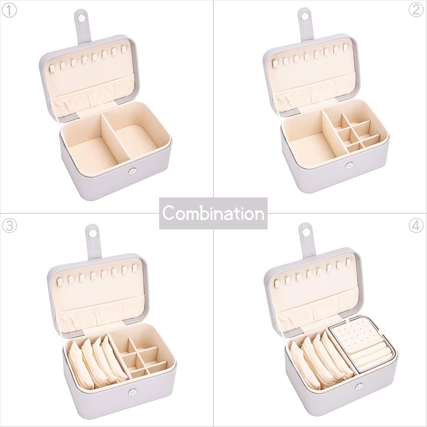 2 Layer Portable Jewelry Box, Large Jewelry Travel Case with 4 Jewelry Pouches, Medium Size Jewelry Organizer Box for Earrings, Necklaces, Bracelets (light gray)
