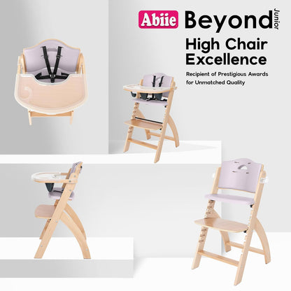 Abiie Beyond Junior Wooden High Chair with Tray - Adjustable and Convertible High Chair for Babies and Toddlers - 6 Months to 250 Lb - Water Resistant - Natural Wood with Lilac Cushion