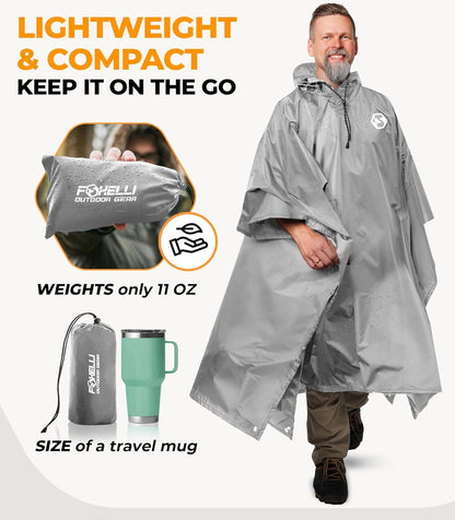 Foxelli Rain Poncho for Adults – Extra Long Reusable Waterproof Raincoat with Hood, Lightweight for Hiking, Camping, Outdoors