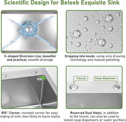 Drop In Kitchen Sink 20x16", 18 Gauge Stainless Steel Sink, 3D Embossed Surface - Image 3