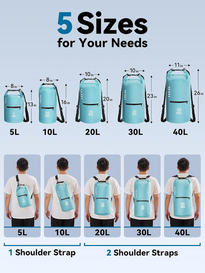 HEETA Waterproof Dry Bag with Front Zippered Pocket for Women Men, 5L/10L/20L/30L/40L Roll Top Lightweight Dry Storage Bag Backpack for Travel, Kayaking, Boating, Rafting, Camping, Hiking & Beach