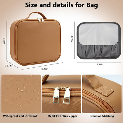 Travel Makeup Bag with LED Mirror Travel Makeup Organizer with 3 Lighted Settings, Adjustable Dividers and Makeup Brush Storage Bag Brown