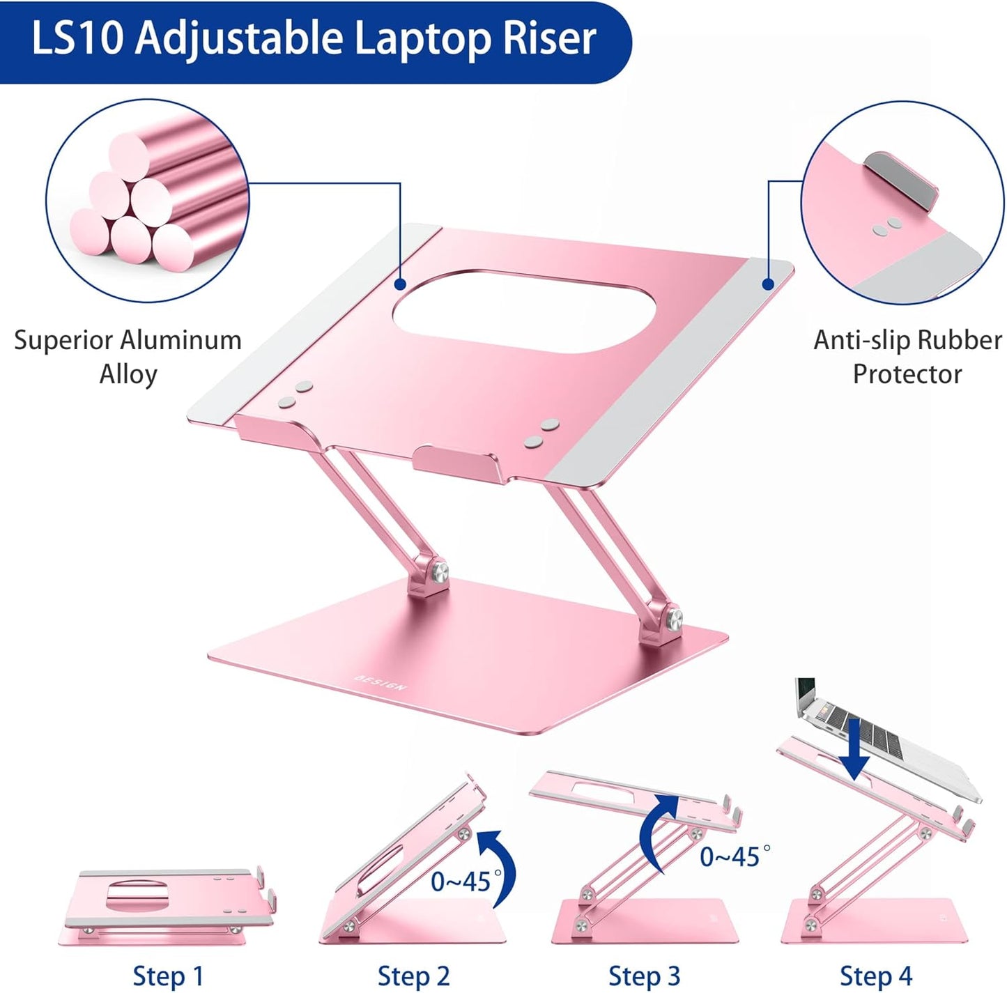 BESIGN LS10 Aluminum Laptop Stand, Ergonomic Adjustable Notebook Stand, Computer Holder Compatible with Air, Pro, Dell, HP, Lenovo More 10-14" Laptops, Pink