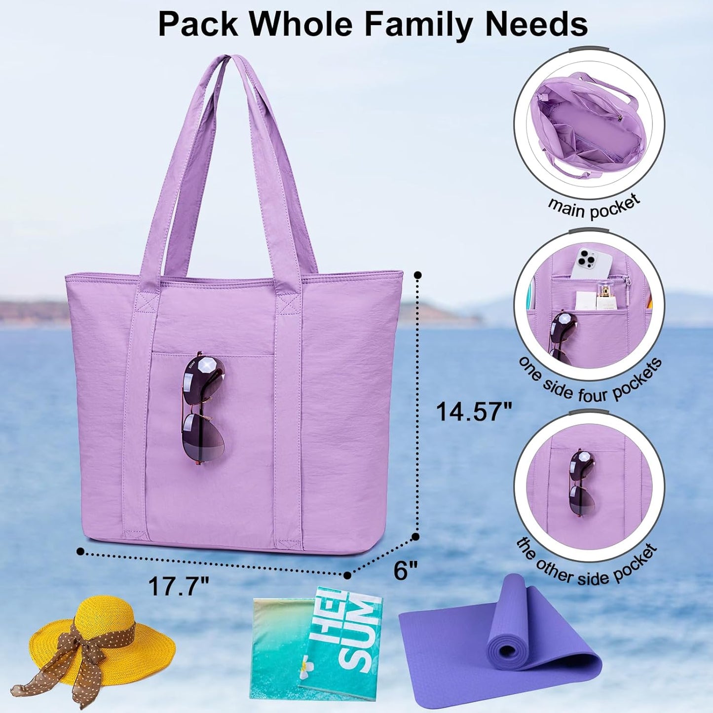 LEDAOU Beach Bags for Women, Beach Bags Waterproof Sandproof, Packable Beach Tote Bag with Zipper Travel Sports