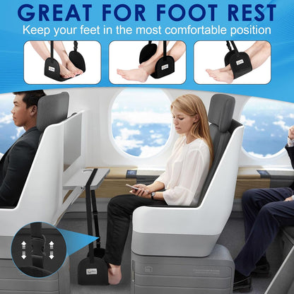 CERBONNY Airplane Foot Rest - Portable and Adjustable Foot Hammock, Travel Flight Essential for Relaxing Your Feet During Journeys - Office Footrests (Black)