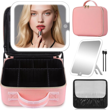 Travel Makeup Bag with Removable Mirror, Cosmetic Organizer Bag with Mirror, 360° Angle Stand, 3 Colors Dimmable Lighted Makeup Case, PU Leather Makeup Train Case with Adjustable Dividers/Brush Holder