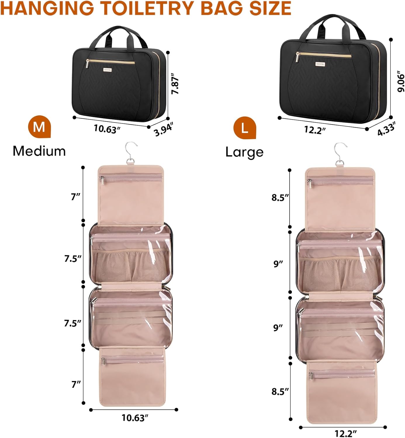 Hanging Toiletry Bag for Women Travel, 2 Sizes Large & Small Waterproof Cosmetic Organizer with 4 Compartments, Rotating Hook, Foldable Pink Travel Bag for Toiletries & Makeup - Medium Black