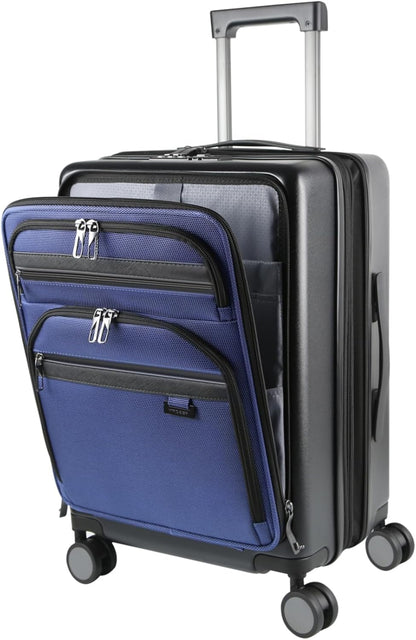 KROSER Hardside Expandable Carry On Luggage 22x14x9 Airline Approved With Front Business Pockets, 20 Inch Suitcases with Wheels, Carry on Suitcase with TSA Lock & USB Port, Black-Haze Blue
