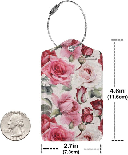 2PC Red Rose Flower Luggage Tag with Privacy Cover Id Card Stainless Steel Loop, Pink Floral Travel Baggage Identifiers Tags Luggage for Women Men Suitcase Name Labl