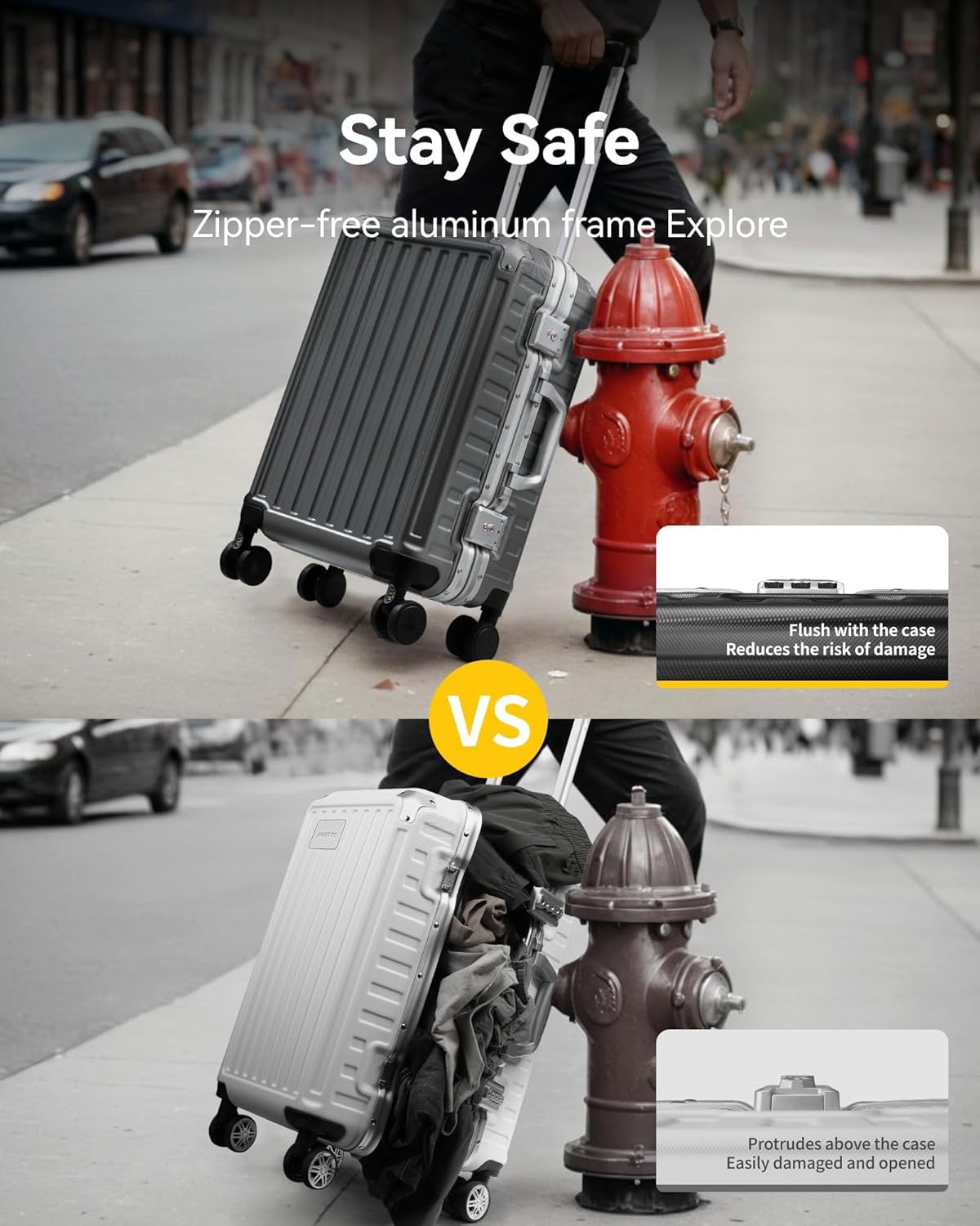 LUGGEX Checked Suitcase with Spinner Wheels, 28 Inch Aluminum Frame Zipperless Polycarbonate Hard Shell Suitcase, Blue