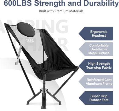 High Back Camping Chair,Outdoor Comfortable Chair for 600 LBS Capacity Oversized Camping Chair with Comfortable Backrest & Headrest, Quick Setup - Compact Folding Chair(Black)