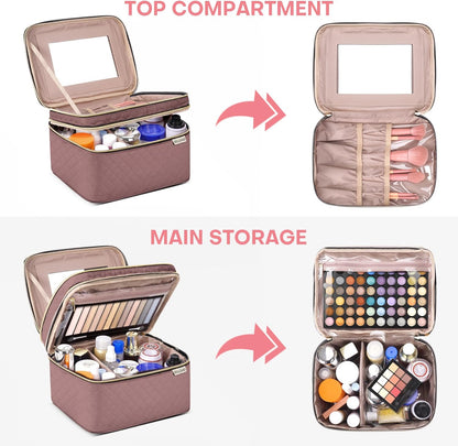 Large Makeup Bag with Mirror Double Layer Travel Make Up Organizer Case, Large Capacity Coemetic Bag with Brush Slot Divider