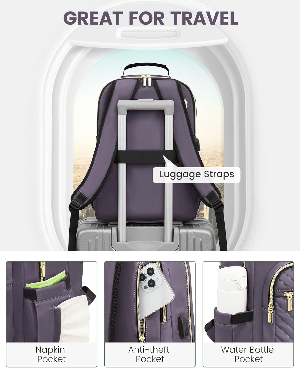 LOVEVOOK Laptop Backpack Purse for Women, Large Capacity Travel Business Computer Work Bag, Quilted Casual Nurse Backpack for Womens, Fit 15.6 Inch Laptop with USB Port, Purple Grey