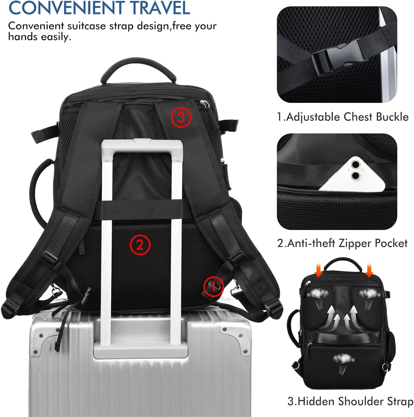 Beraliy Travel Backpack for Men Women, Carry On Backpack, 16 Inch Laptop Backpack, Waterproof School Backpack, Casual Outdoor Daypack College Bag, Black