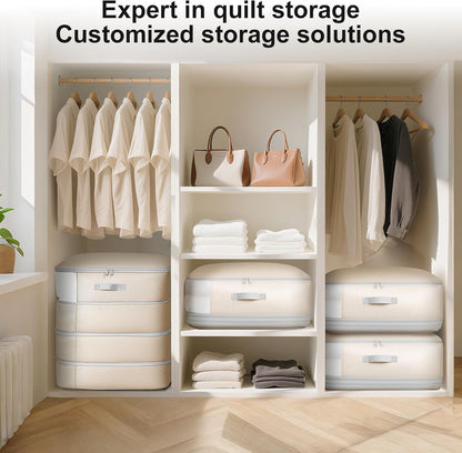 Comforter Storage Bag - 130L Large Capacity Blanket Storage Bags 4-Layer Ultra Space Saving Self Compression Organizer, Washable Compression Bags for Storage Comforter Blanket, 4-Pack, Beige