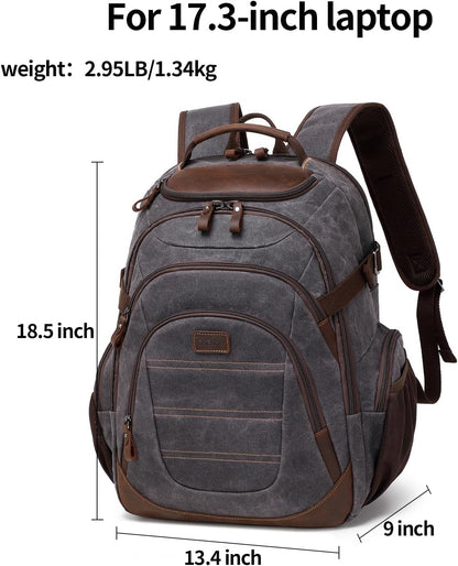 Travel Laptop Backpack 17.3 inch XL Computer Backpack for Men Waxed Canvas College Daypack Business Backpack Black Gray