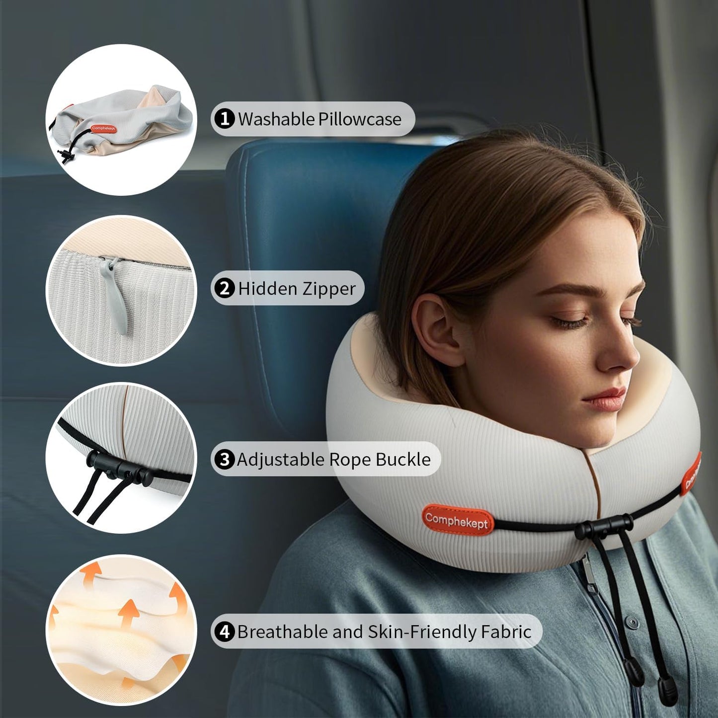 Thickened Travel Neck Pillow for Airplanes for Women, Adjustable Right Amount of Height 360° Support Memory Foam Neck Pillow, Portable Plane Pillow for Sleeping