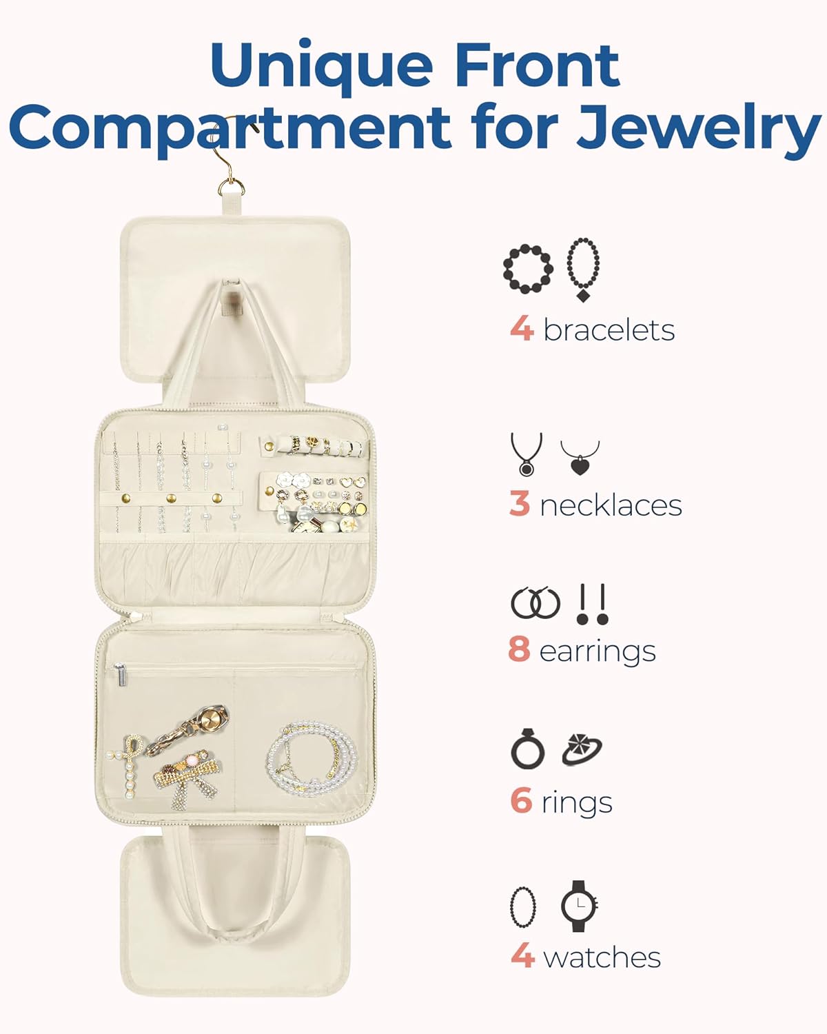 BAGSMART Travel Toiletry Bag with Jewelry Organizer, Hanging Travel Bag for Toiletries, Puffy Makeup Cosmetic Bag Organizer, Carry-on Travel Accessories Essentials, Beige-M