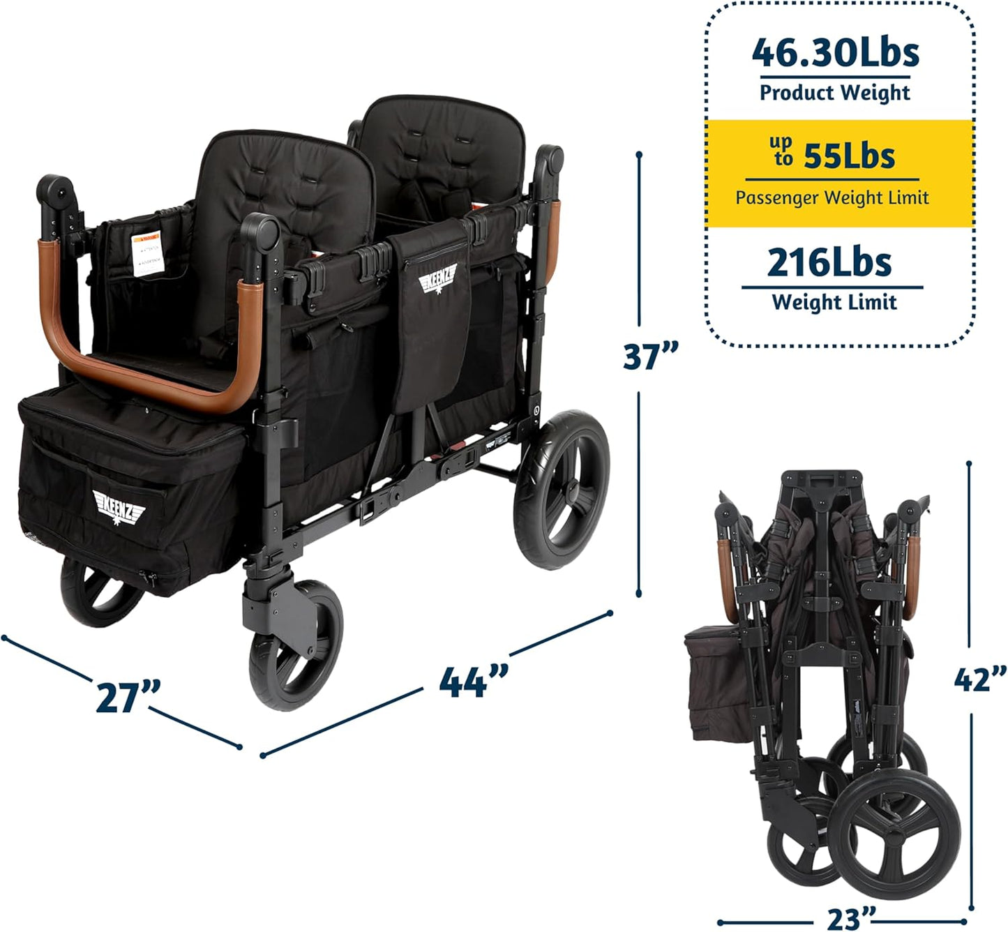 Keenz VYOO Stroller Wagon with Canopy - Foldable Design for Easy Storage, 5 Seating Positions for Kids, Enhanced Child Safety, All-Terrain Mobility, 2-Passengers, Black