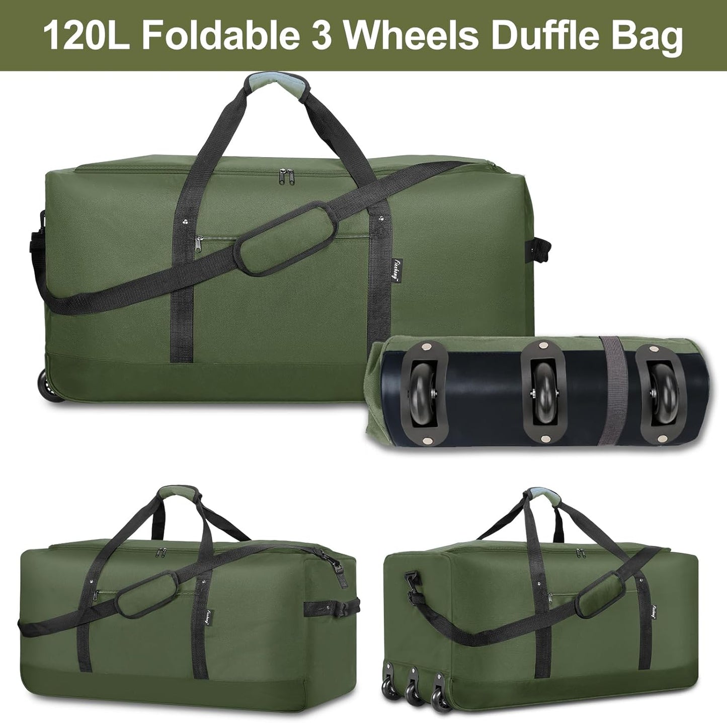 Finnhomy 120L Foldable Rolling Duffel Bag with 3 Wheels, Light Weight Travel Duffel bag with Large Loading Capacity, 32 inch Rolling Duffel bag with Shoulder Strap for Travel Camping Sports