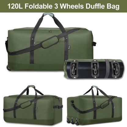 Finnhomy 120L Foldable Rolling Duffel Bag with 3 Wheels, Light Weight Travel Duffel bag with Large Loading Capacity, 32 inch Rolling Duffel bag with Shoulder Strap for Travel Camping Sports