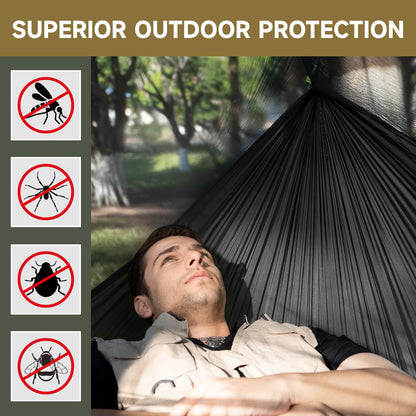 Camping Hammock with Mosquito Net and Ridge Rope, Extra Large for 2 Person, Lightweight Hanging Hammocks Tree Straps, All-in-one Fast Open Hammock for Outside, Hiking, and Travel