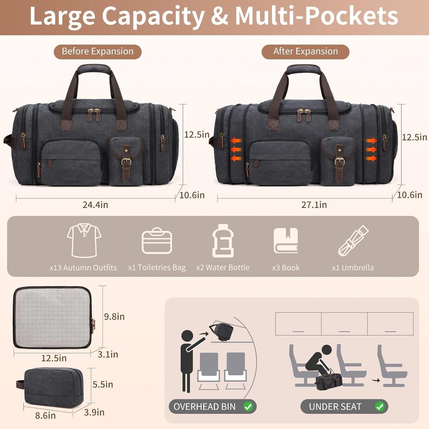 Mens Duffle Bag for Travel 3Pcs Set Travel Bags for Men 60L Expandable Canvas Bag (Dark Gray)