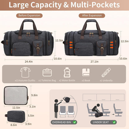 Mens Duffle Bag for Travel 3Pcs Set Travel Bags for Men 60L Expandable Canvas Bag (Dark Gray)