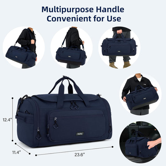 Large Travel Duffle Gym Bag with Shoe Compartment, Underseat Carry On Luggage Overnight Weekender Personal Item Workout Bags for Women Men (Navy Blue)