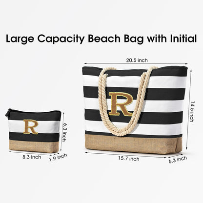 Becokan Beach Bag Initial Beach Tote with Makeup Bag for Travel Work Storage Personalized Birthday Gifts for Women Her