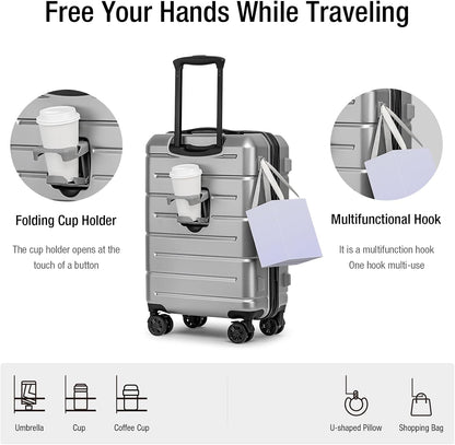 KYME Carry On Luggage 22x14x9 Airline Approved with Cup Holder Hardside Carry On Suitcase with Spinner Wheels Hardshell Travel Rolling 22 Inch Luggage with TSA Lock for Women Men Silver