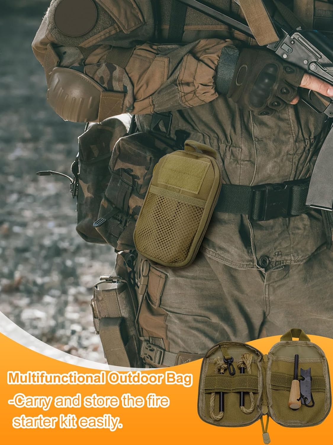 Fire Starter Survival Tool, Fire Starter Kit Includes Magnesium Rod, Steel Striker, 2 Pcs Wick Hemp Rope and Multifunctional Outdoor Bag, Fire Starters for Campfires Hiking Survival Training Gift