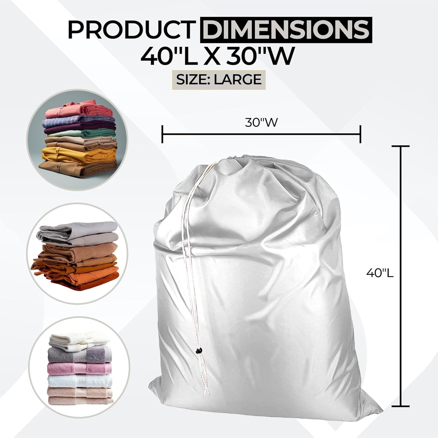 Laundry Bag with Locking Closure Drawstring – Extra Large Heavy Duty 100% Nylon, Large & Foldable Clothes Sack – Lightweight Dirty Laundry Organizer for Travel, Dorm, Gym – L 40" x H 50" (WHITE)