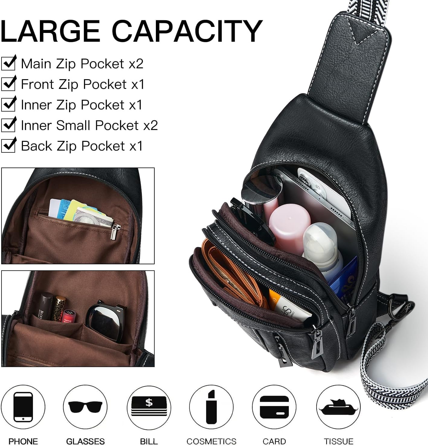 7L Sling Bag for Women Men Leather Small Sling Backpack Daypack Anti Theft Fanny Pack Crossbody Purse Travel