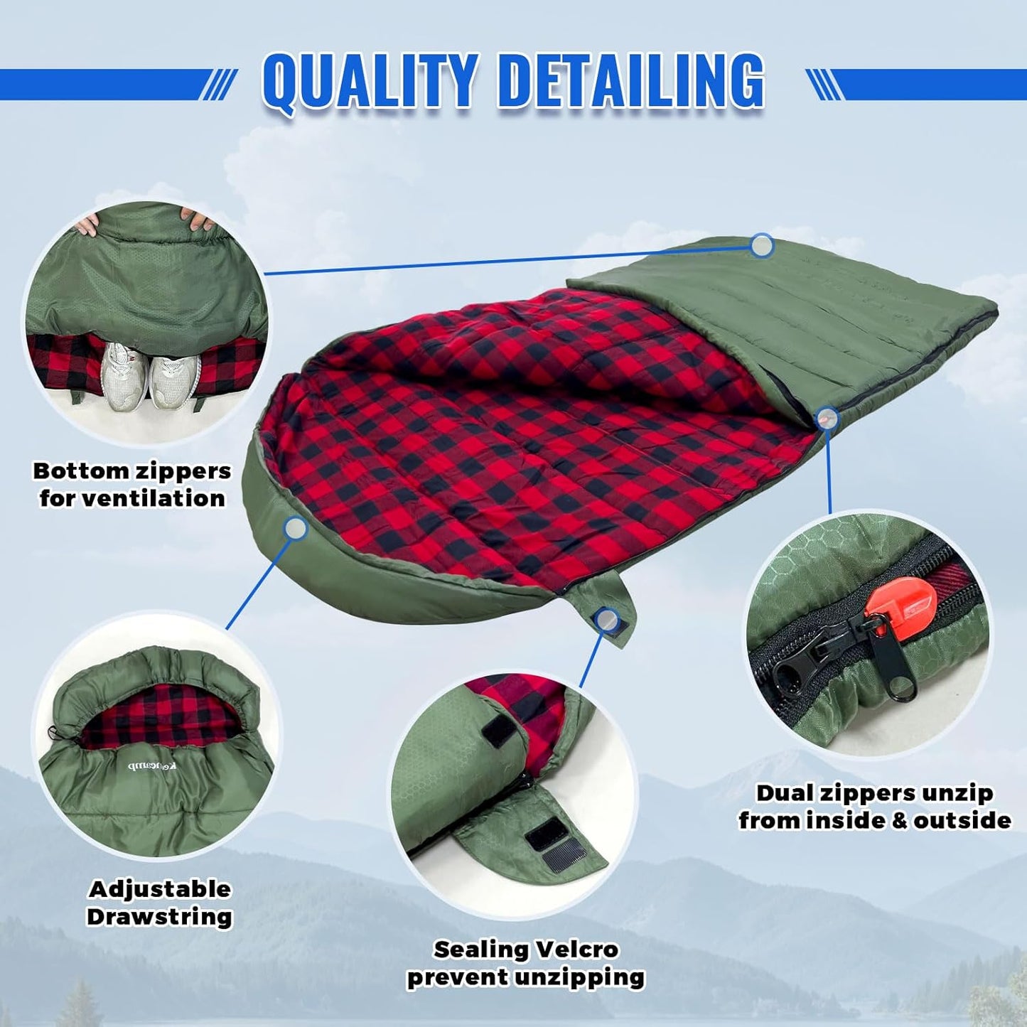 0 Degree Sleeping Bag Cotton Flannel Winter Cold Weather for Adults XXL Sleeping Bag 4 Season Big and Tall with Pillow Compression Sack