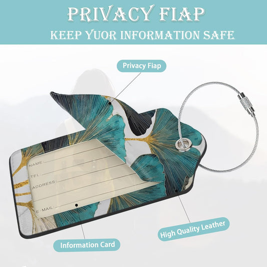 2 Pack Luggage Tag for Suitcases Green Ginkgo Leaf PU Leather Bag Travel Suitcase ID Identifier Baggage Tags for Women Men Travel