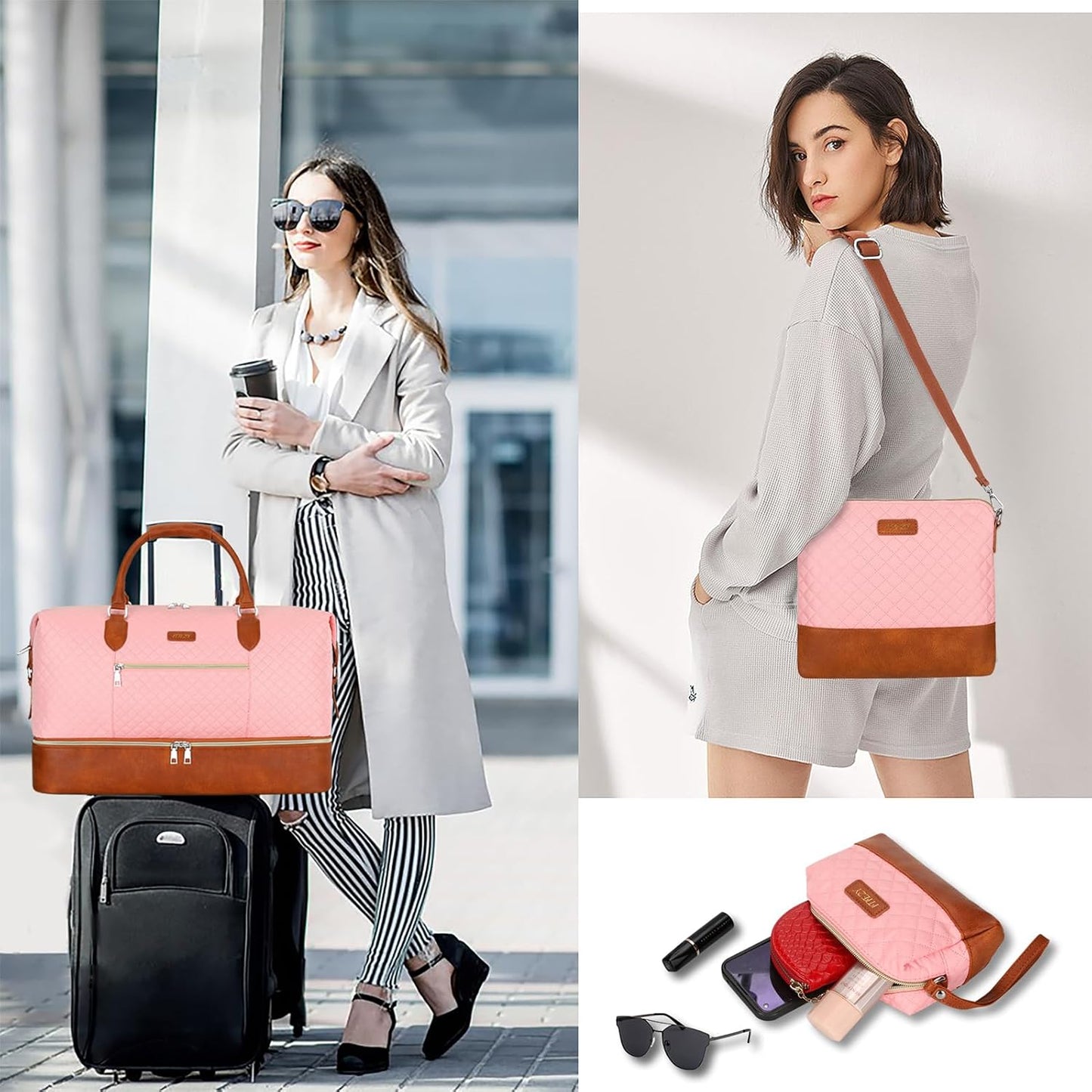 Weekender Bag for Women, Travel Duffel Bag Carry On Overnight Bag with Shoe Compartment Large Nylon Travel Weekend Tote Bag