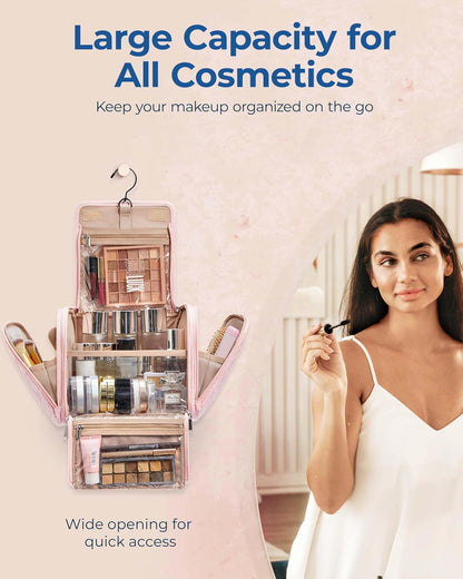 BAGSMART Makeup Bag for Women with Hanging Hook, Large Portable Capacity Water-resistant Organizer Travel Case for Toiletries and Cosmetics, Pink