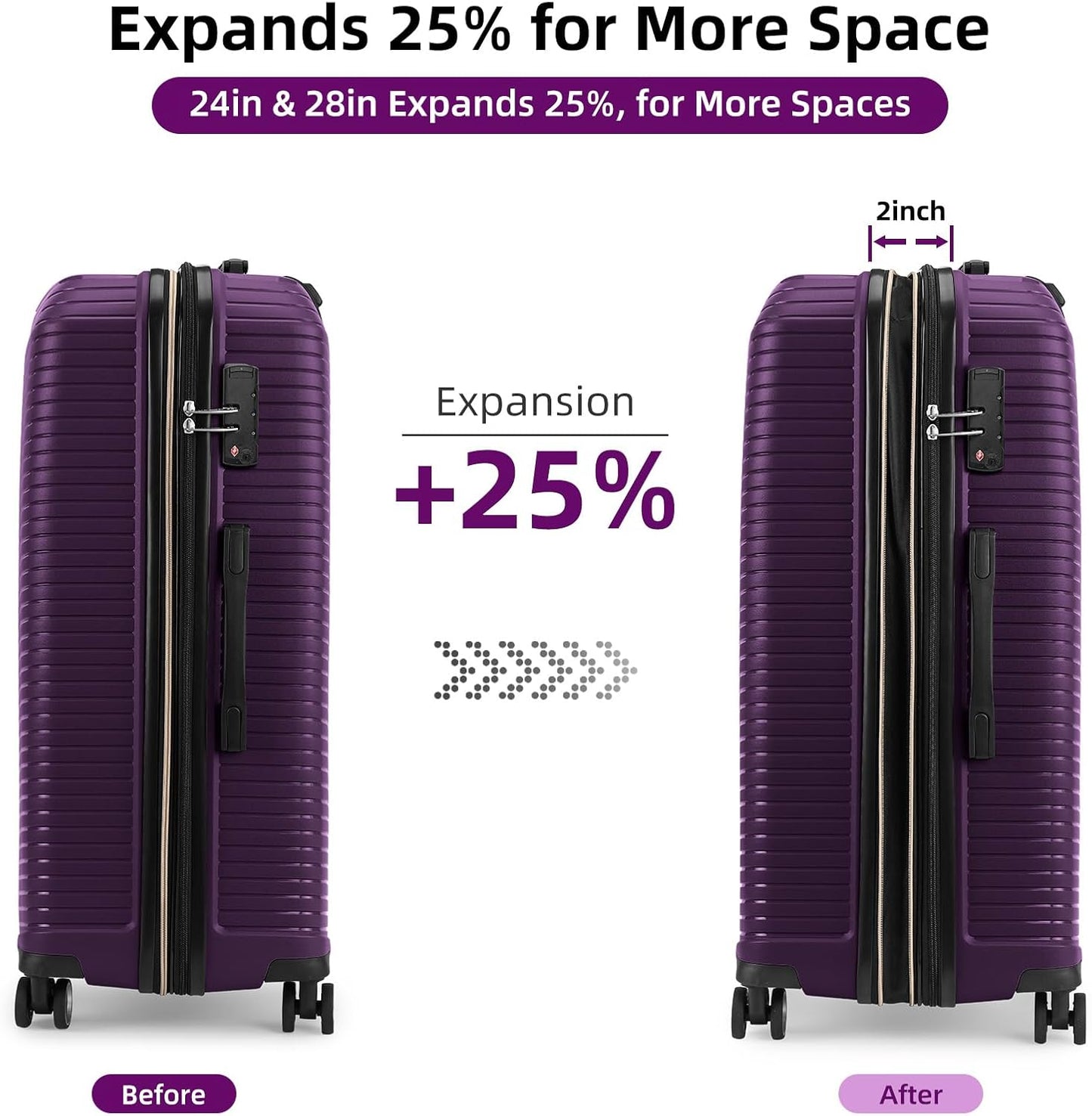 LEAVES KING LARVENDER Luggage Sets 5 Piece, Expandable(Only 24"&28") PP Suitcase with Spinner Wheels, Durable Luggage Sets Clearance Carry On Luggage Suitcase Set For Women Men, Purple
